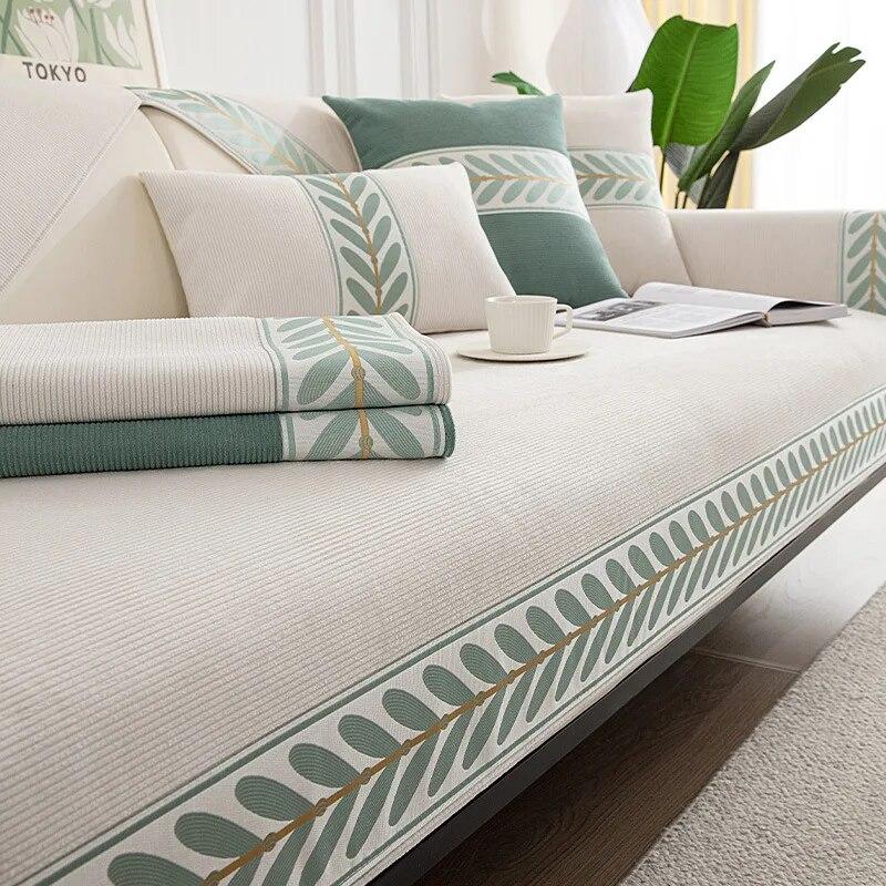 Luxury Leaves Embroidery Sofa Covers Chenille Universal Non-slip Leather Sofa Cushion Furniture Protector Living Room Slipcovers