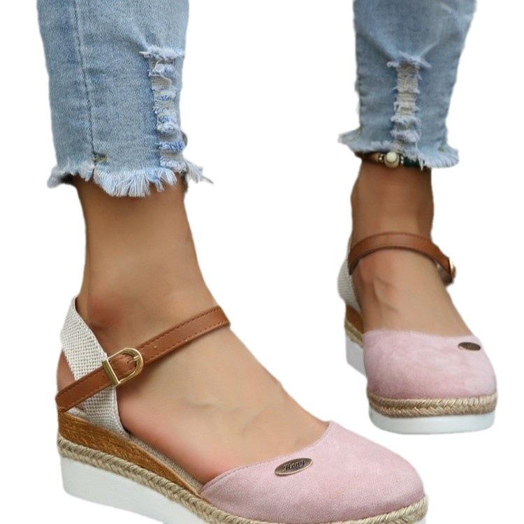 Fashion Large Size Color Matching Closed Toe Sling Back Sandals Wedge Heel Lightweight Hemp Rope Braided Buckle Women's Shoes Thick Sole