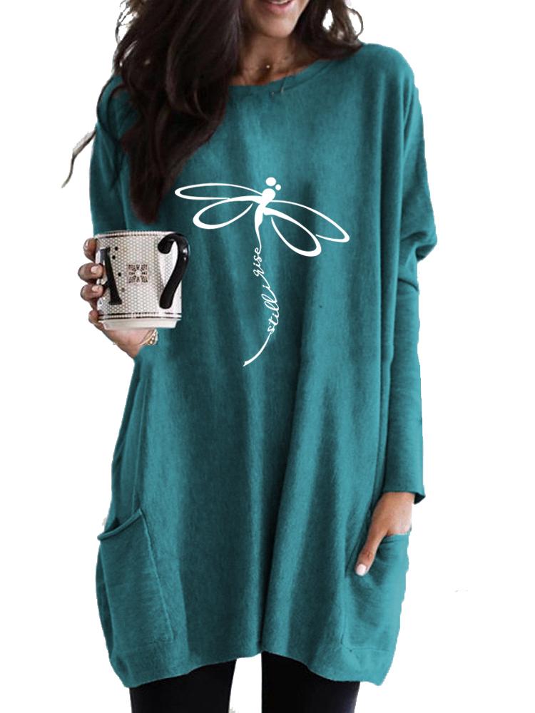 Women's Long Tunic with Pockets Loose Fit Printed Logn Sleeve Top