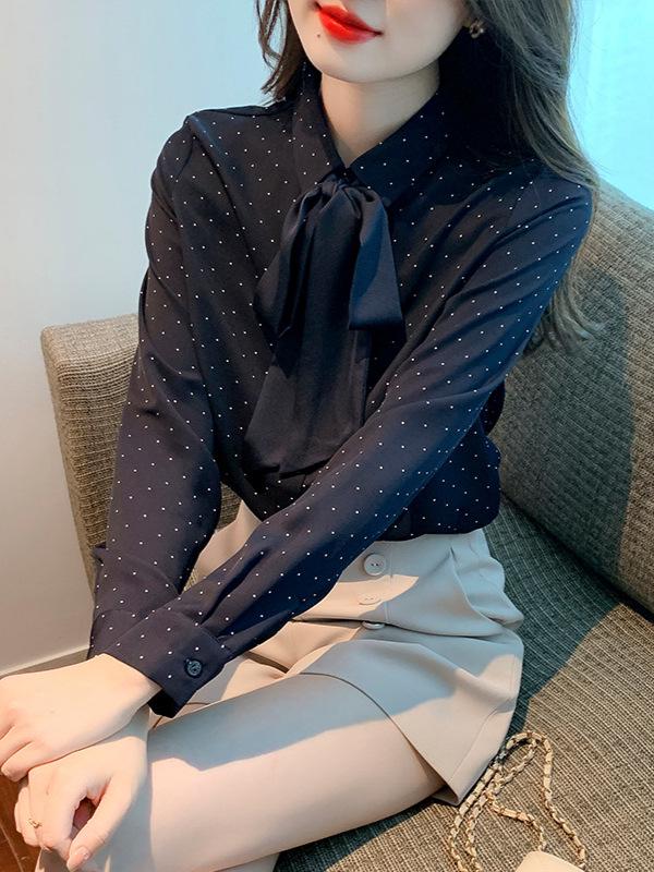 Polka Dot Bowknot Chiffon Blouse - Women's Long Sleeve Autumn Fashion