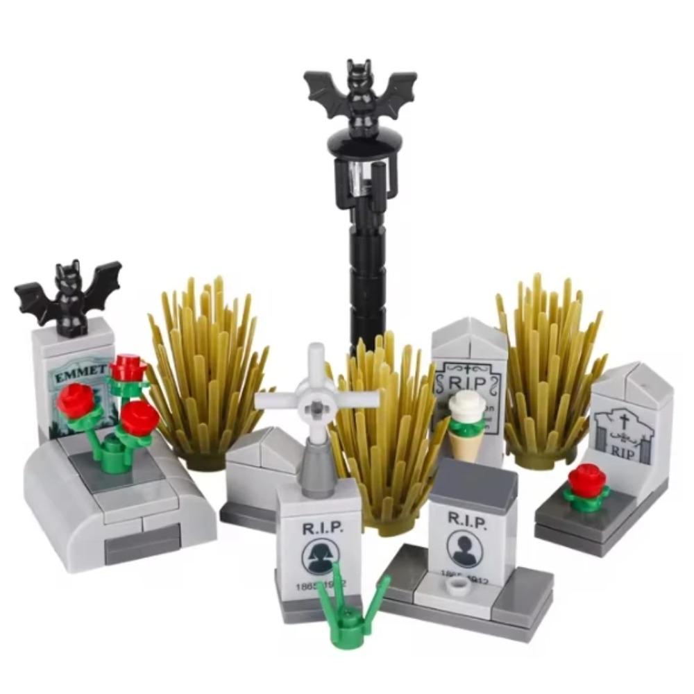 Halloween Scene Building Blocks MOC Cemetery Tombstone Mouse Pumpkin Car Vampire Throne Fireplace Bat Light Candle Toy Gift A040