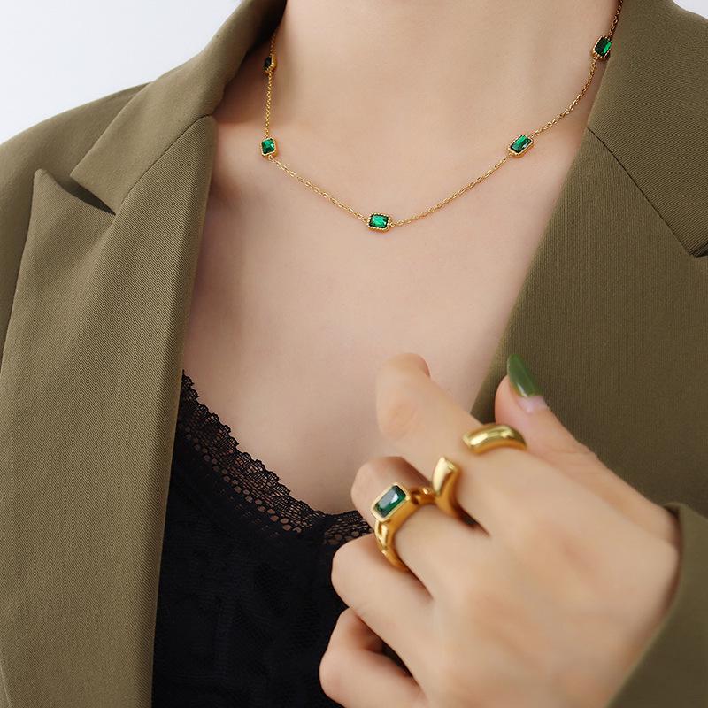 18K Gold-Plated Square Emerald Zircon Clavicle Necklace