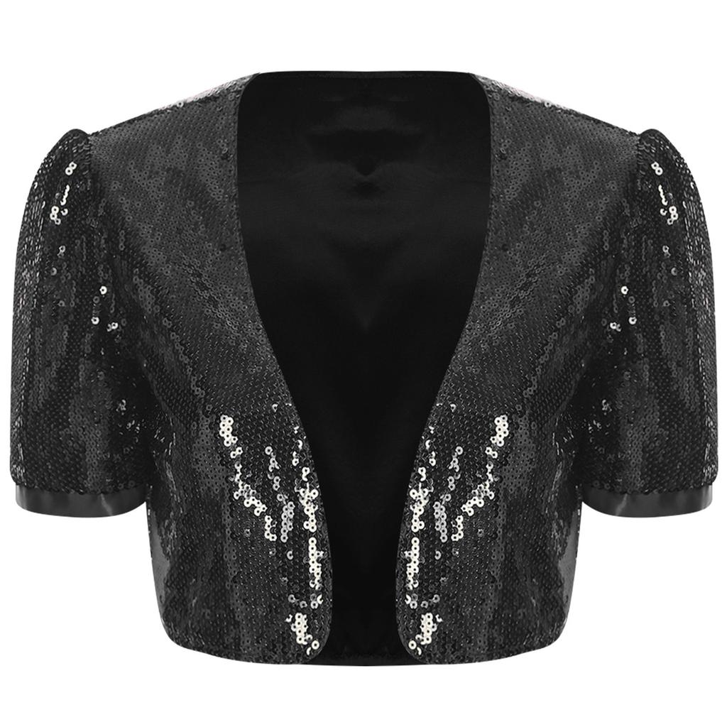 Women Glitter Sequin Cardigan Cropped Jacket Short Sleeve Open Front Fully Lined Stylish Club Cover Up