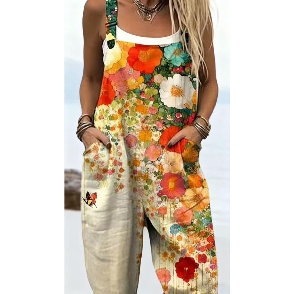 Women's Sleeveless Mid Rise 3D Digital Print Loose Casual Overalls Jumpsuit For Summer