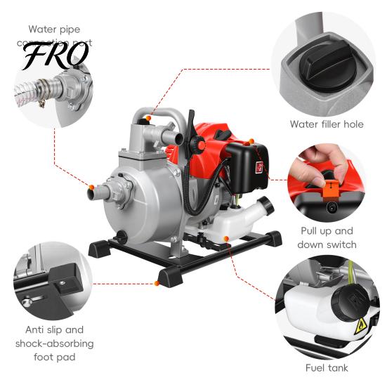 Portable Water Pump 1 Inch Semi Trash Pump, Gas Powered 2-Stroke Transfer 42.5CC Gasoline Engine, Max 98.43ft Lift, 35.66 GPM, with Handle