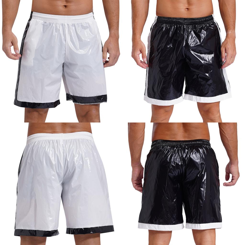 Mens Wet Look Boxer Shorts Drawstring Elastic Waist Pockets Waterproof Beach Shorts Swimming Trunks Loose Fit Short Pants Club