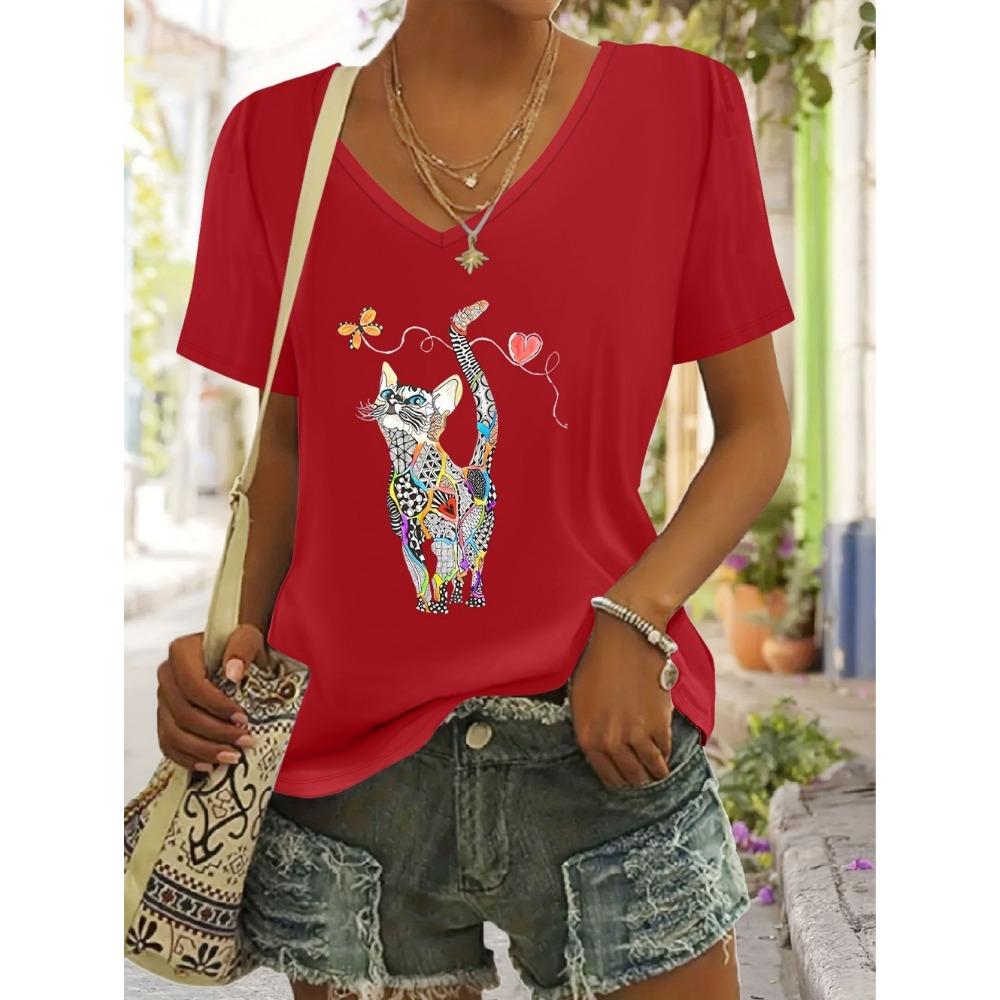Women's Fashion T-Shirt Short Sleeve 3D Cat Print Top Tees V-Neck Casual Woman Graphics Clothes Women's Clothing