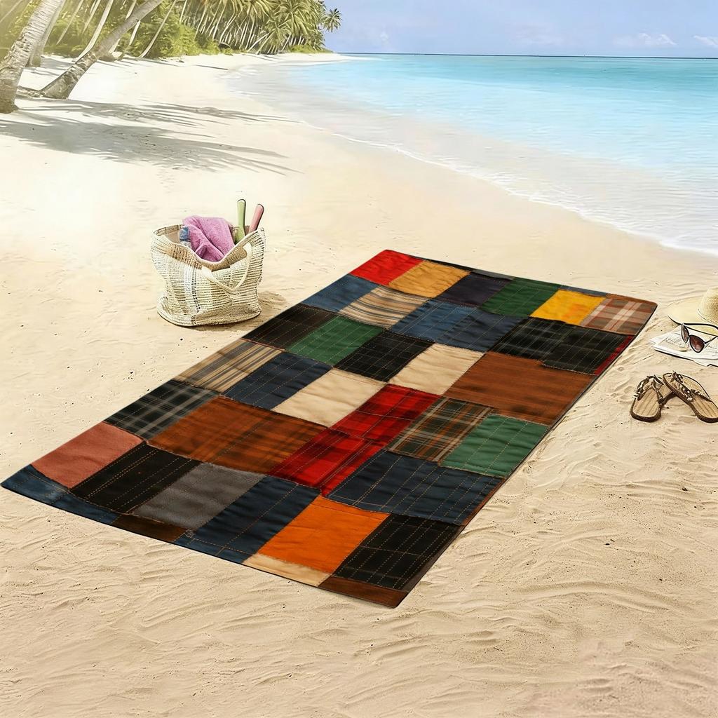 1pcs Rustic Patchwork Beach Towel, Vintage Plaid Quilted Patchwork Pattern Bath Towel, Farmhouse Style Decorative Beach Blanket