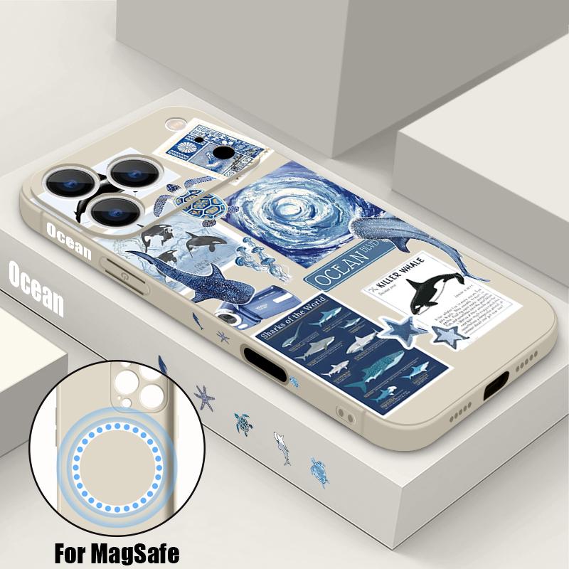 Contrast Color Cartoon Fish Conch Pattern Case For iPhone 16 Pro Max Magnetic For Magsafe Soft Cover For iPhone 17 15 14 13 Pro Max 17E 16E