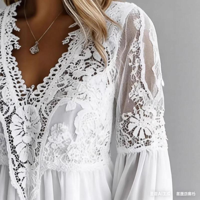 Elegant Lace Splice Hollow Out Fashion Blouse Women V Neck White Shirt Long Sleeve Sweet Casual Loose Tops Ladies Ruffled Pleated Simple Clothing