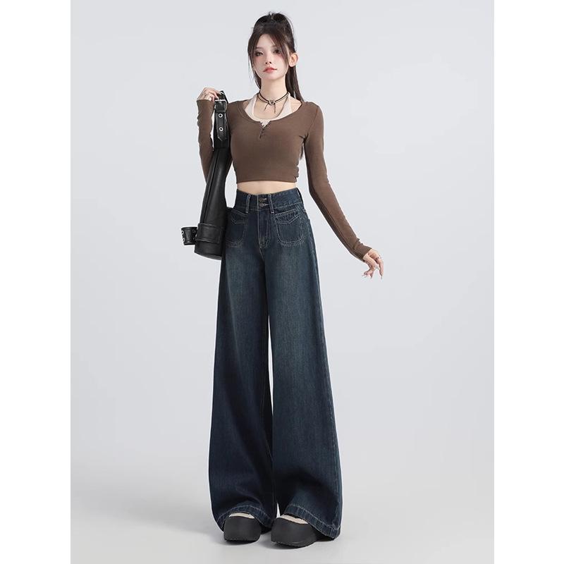 Autumn/Winter 2024 Women's High-Waisted Double-Button Wide-Leg Jeans - American Loose Straight-Fit Floor-Length Pants