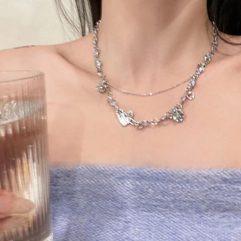 Super Flash Love Zircon Double-layer Collarbone Chain Female Ins Cold Wind Design Sense Stacked Necklace High-grade Neck Chain