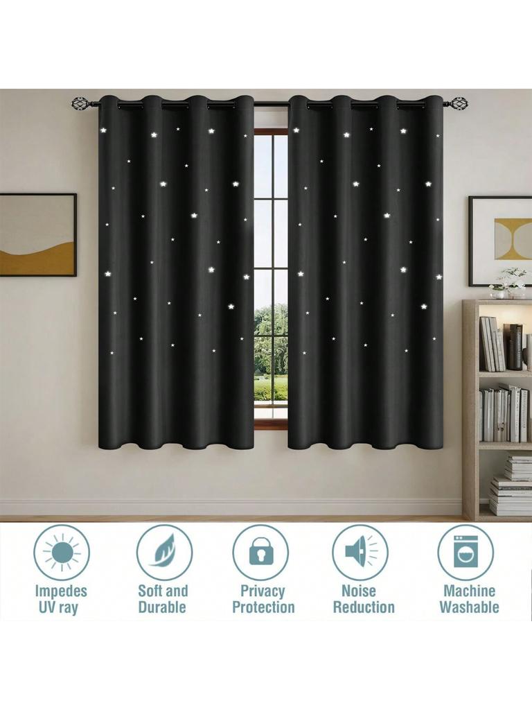 1pc Romantic Hollow Star Blackout Drape Panels, Full Light Blocking Textured Window Curtains for Bedroom, Living Room