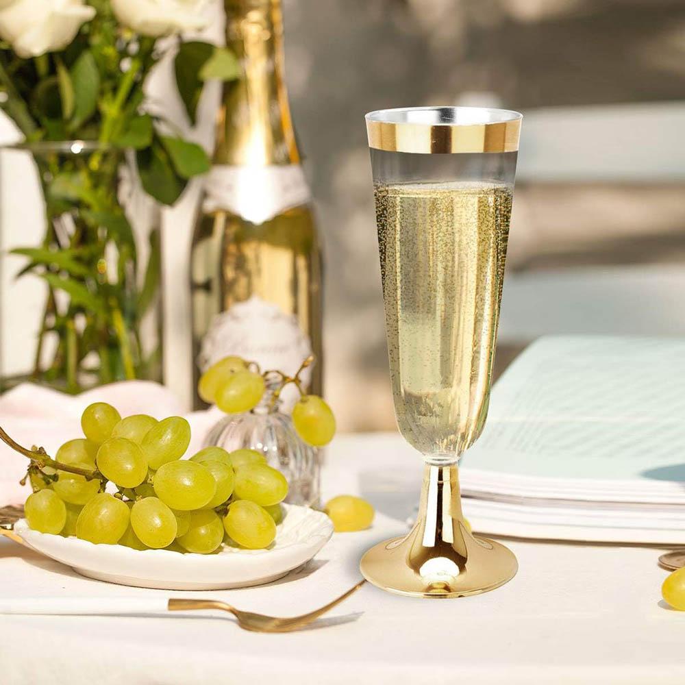 Gold Plastic Champagne Flutes - 5OZ Plastic Champagne Glasses With Gold Rim -Ideal for Thanksgiving Party, Weddings