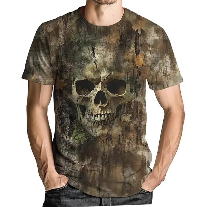 Edgy Skull Camo Print Short Sleeve T-Shirt, Trendy Tee
