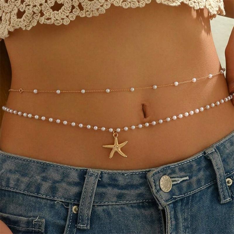 Double Layer Metal Waist Chain for Women Sexy Imitation Pearl Tassel Body Jewelry Chic Shell Sea Star Beach Bikini Belly Chains