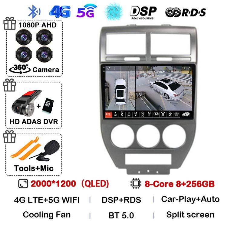 Android 14 Auto 4G+WIFI For Dodge Caliber Jeep Compass 1 MK Patriot 2006 - 2010 Car Radio Multimedia Video Player GPS 360 Camera