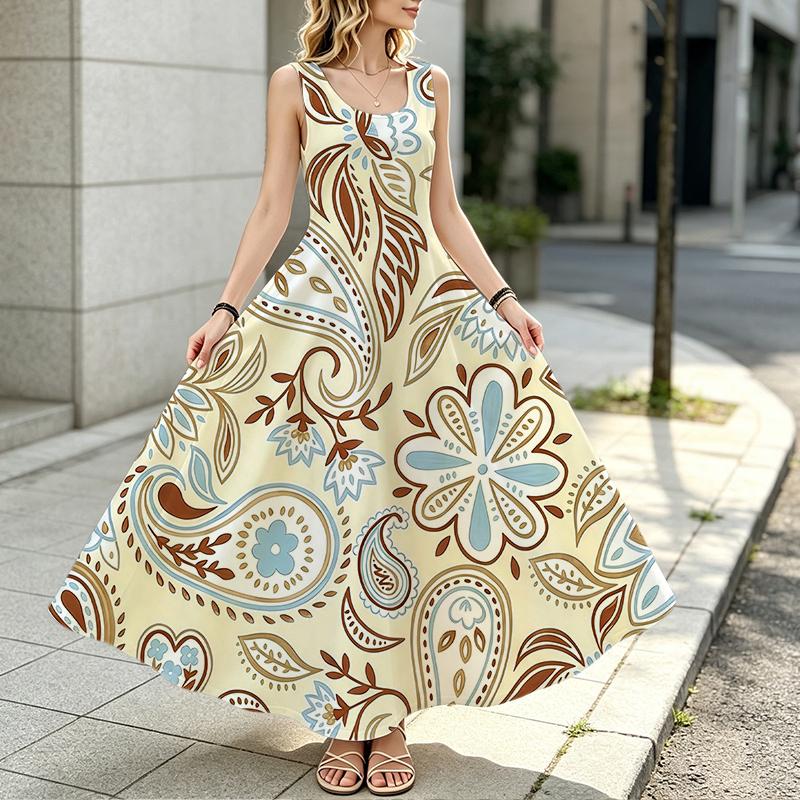 Summer Sleeveless Paisley Print Maxi Dress,Lightweight Loose Fit Vacation Sundress for Daily Casual Occasions