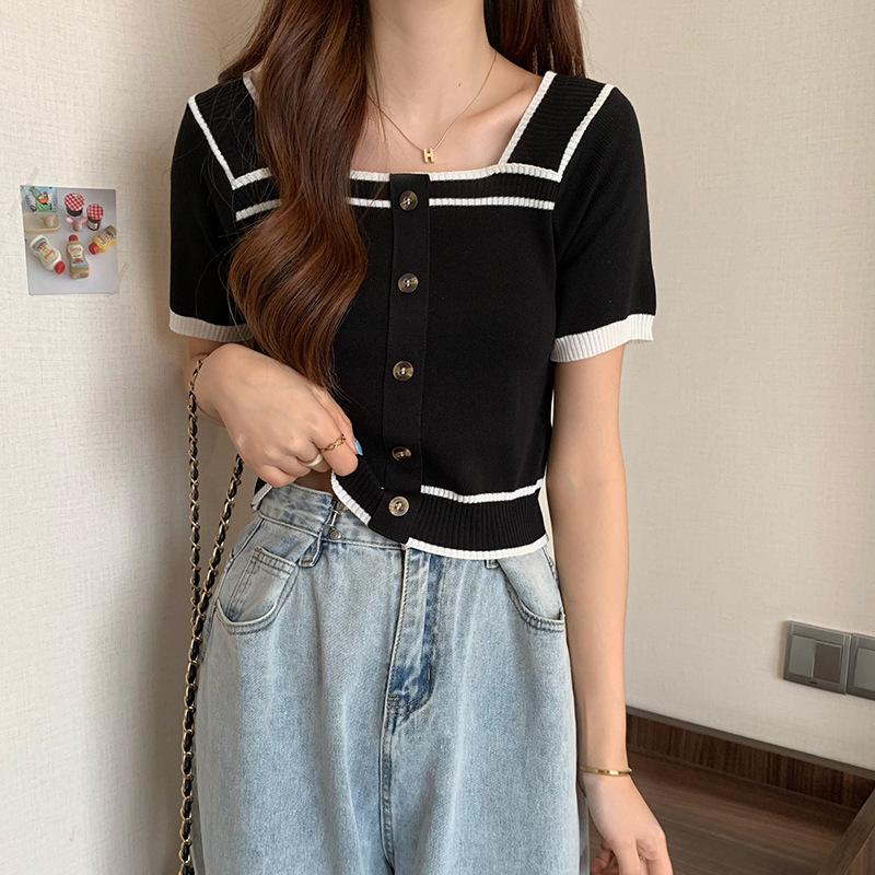 

Весна и лето квадратный вырез спинки короткий рукав тонкий цветной коллизия короткий раздел низ трикотажный свитер топы женские повседневные пуловеры футболки One Size чёрный