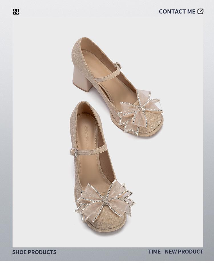 2024 Spring/Summer Bridesmaid Mary Jane Rhinestone Bow Heels - Versatile Women's Chunky Heel Shoes