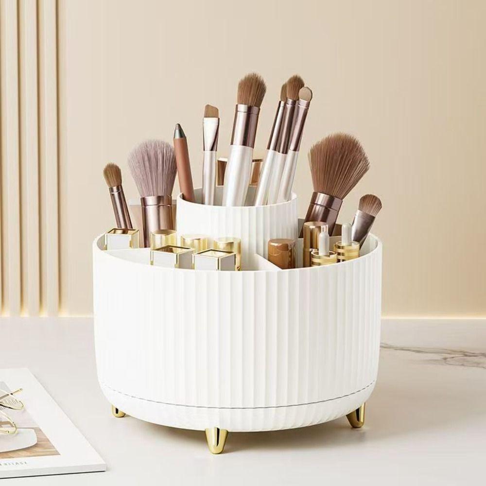 360° Rotating Makeup Brush Organizer Large Capacity 5 Compartments Desktop Storage Box Multi-Functional Easy Access