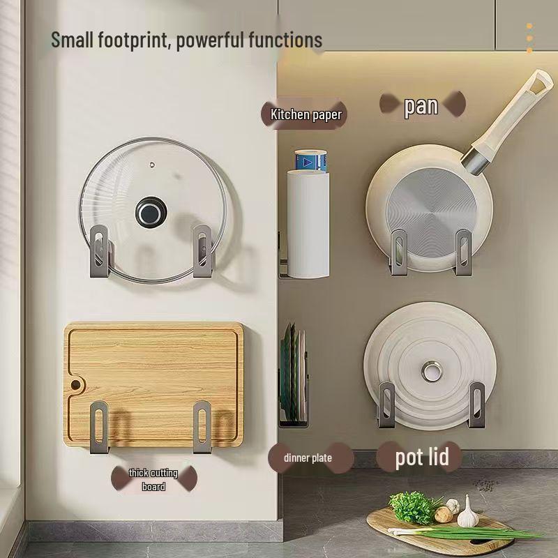 Wall-Mounted No-Punch Pot Lid & Cutting Board Storage Rack