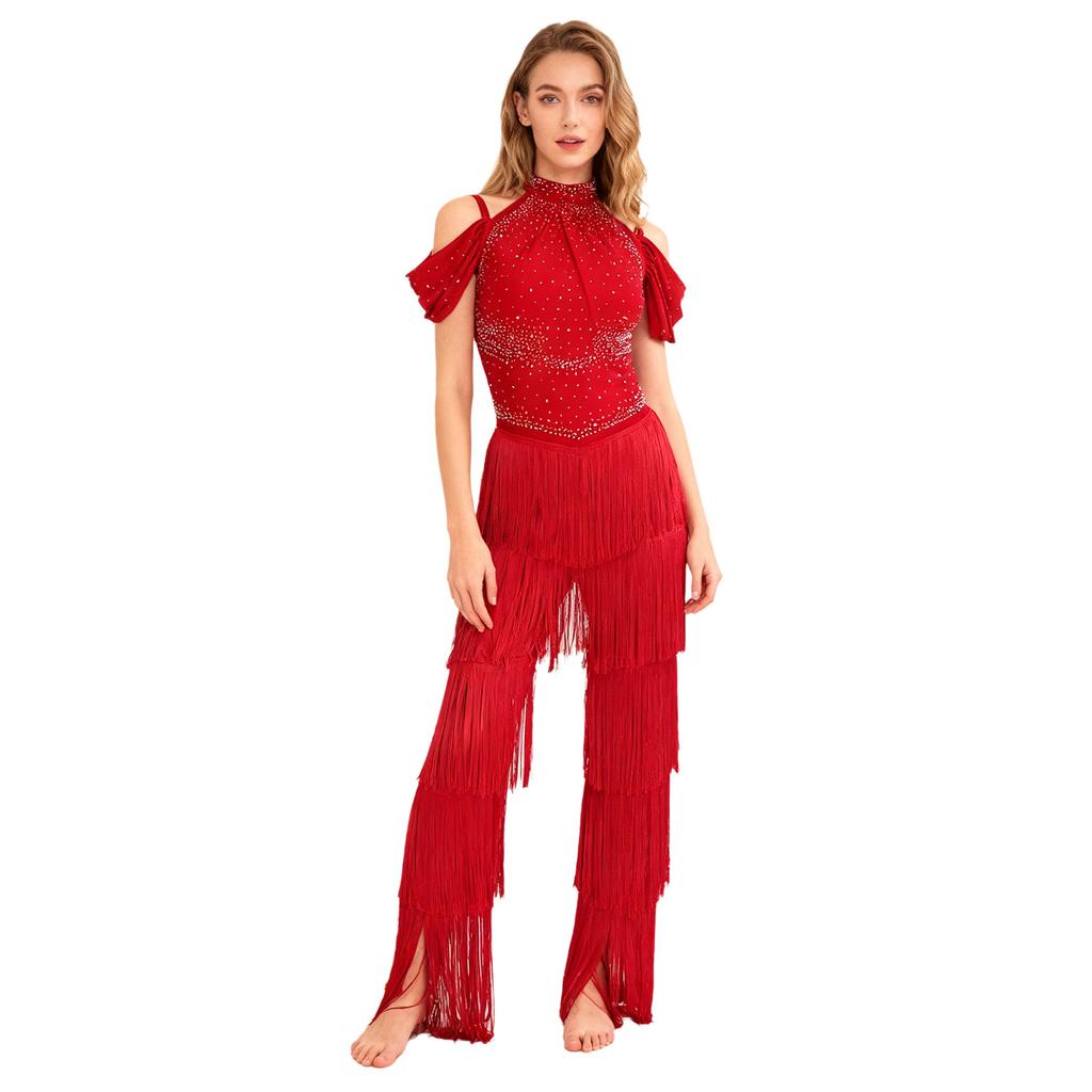 Damen Latein-Tanzparty Jumpsuit S-XXL: Halter Off-Shoulder rückenfreie Strampler mit Strasssteinen, mehrstufigen Quasten für Samba, Rumba, Gesellschaftstanz