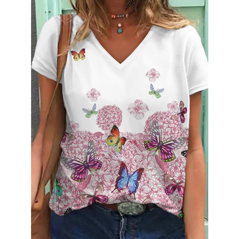 Sommer Schmetterling Libelle 3D V-Ausschnitt Bedruckt Neues Damen Top T-Shirt