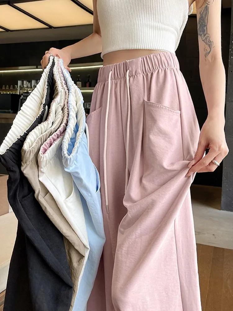 Women's Summer Loose Drawstring Wide-Leg Pants: Lazy Style, Slimming, Floor-Length, Versatile, Casual Drape