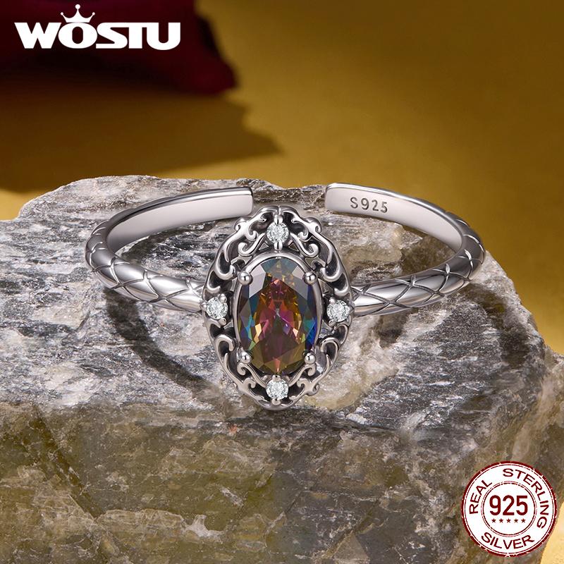 WOSTU Vintage 925 Sterling Silver Open Ring For Women Oval Mystic Topaz Gemstone Retro Adjustable Statement Rings Party Gift
