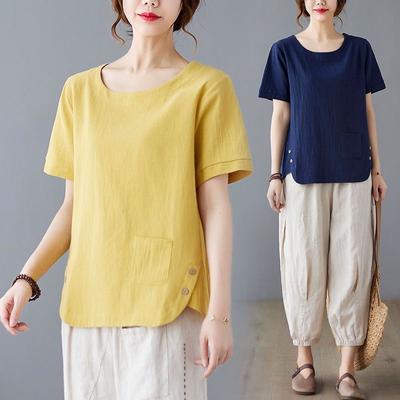 Neues Sommer Baumwoll- und Leinenimitat Fat MM Übergröße Lässig Schlicht Retro Einfarbig Locker Kurzarm T-Shirt für Damen