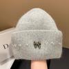 Winter High-Quality Bow Rhinestone Knit Hat Rabbit Fur Ear-Protection Warm Beanie Women