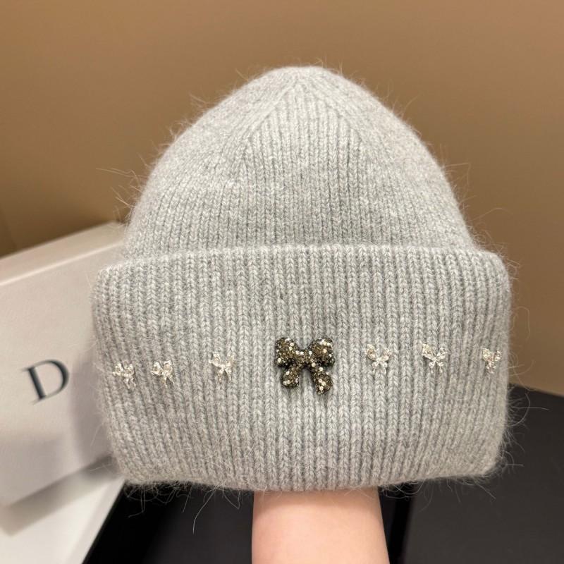 Winter High-Quality Bow Rhinestone Knit Hat Rabbit Fur Ear-Protection Warm Beanie Women