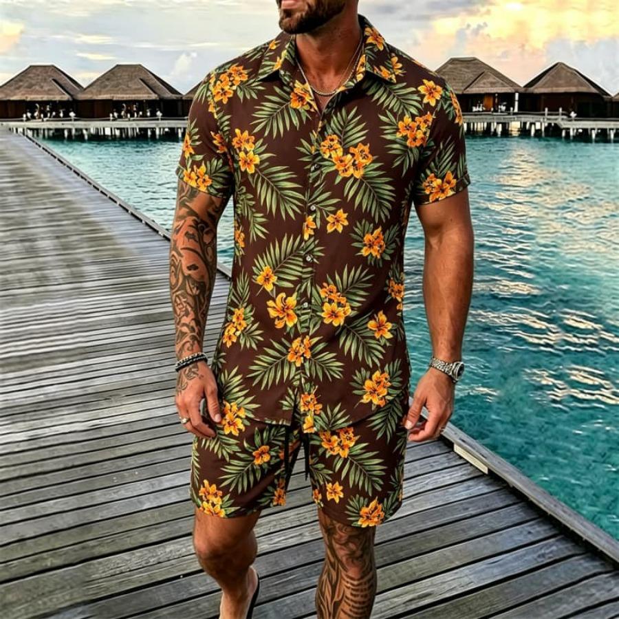 Men's Tropical Floral Print Two-piece Set, Short-sleeve Shirt and Shorts, Perfect for Casual Gatherings