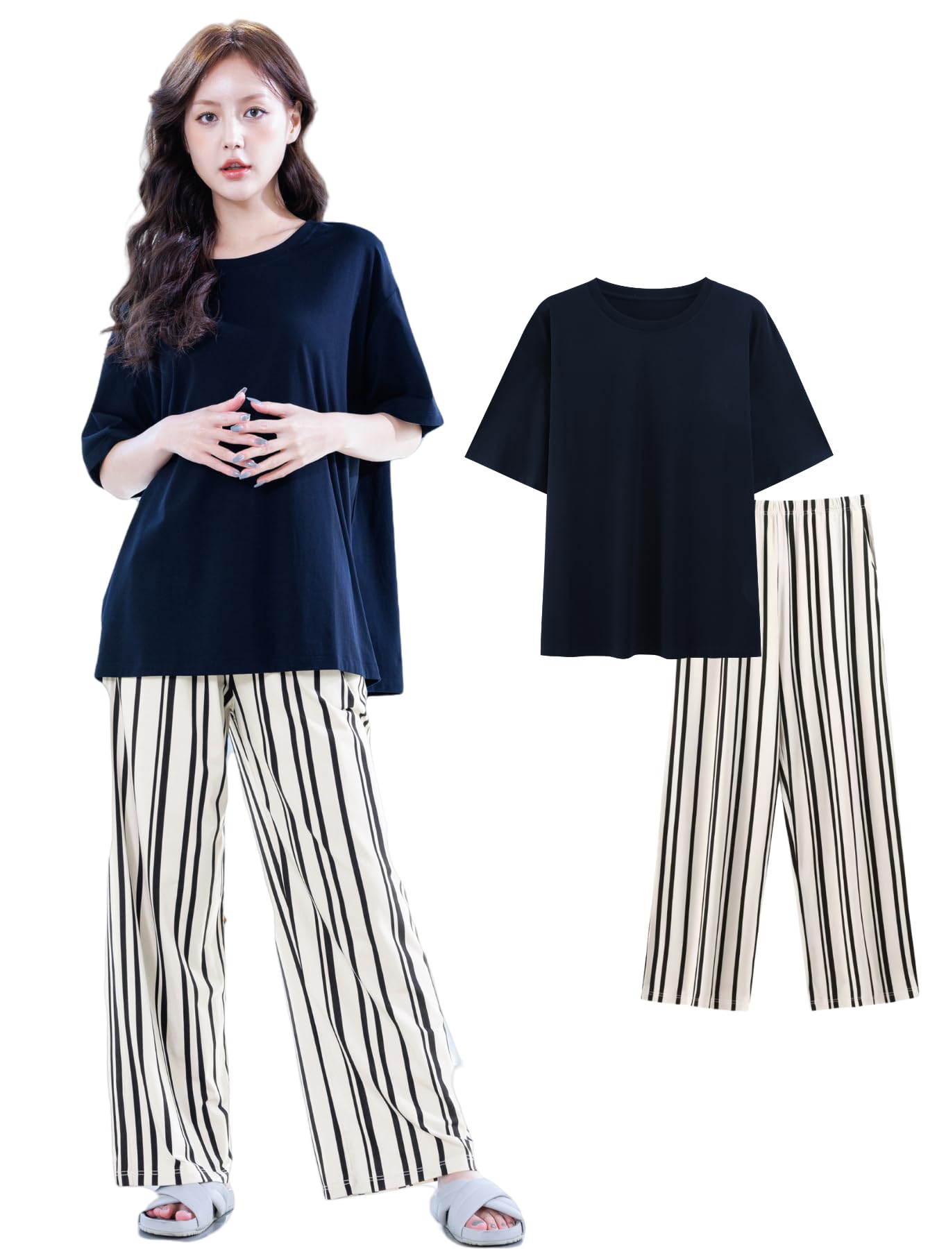 

Roomwear Pajamas Loungewear for Women Summer Short Sleeve Modal Loose Fit Cute Black Apricot [Beatgos] (245 & L)