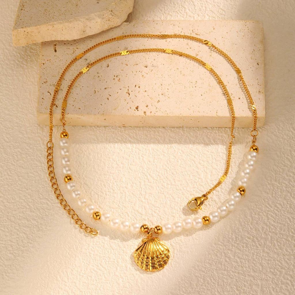 Stainless Steel Shell Sun Pendant Necklace for Women, Pearl Beaded Chain,18K Gold Plated Waterproof Tarnish-free Jewellery