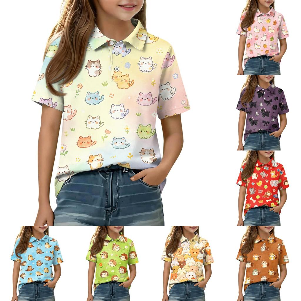 Kids Casual Short Sleeve Polo Shirt Animal Pattern Cartoon Print Lightweight Comfortable Soft Fabric Breathable Summer Top for Boys Girls