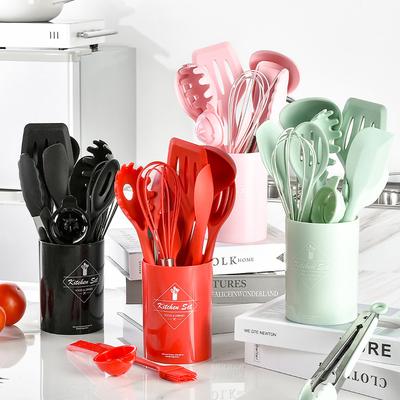 12 adet Silikon Tencere Mutfak Yapışmaz Tencere Yüksek Sıcaklık Pişirme Spatula Kürek Kaşık Çorba Mutfak Eşyaları Pişirme Araçları