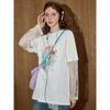 Coolhut Fun Print Graffiti Patchwork Lace Sleeves Drop Shoulder Loose Cartoon 2025 Summer Women's T-Shirt