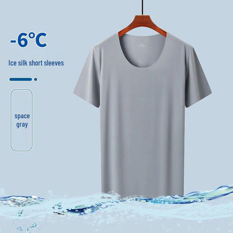 

Men s Ice Silk Seamless Quick-Dry Crew Neck T-Shirt—Silky, Breathable, Cool Fitness Top with Short Sleeves 4XL (82-92 kg) серый