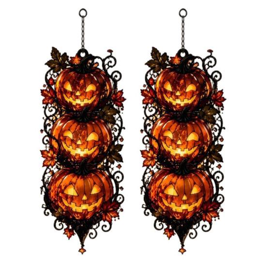Halloween Pumpkin Hanging Ornaments Triple Stacked Jack-o'-Lantern Door Hanger, 2D Wall Ornament, Dark Style Festival Props Spooky Fall Porch
