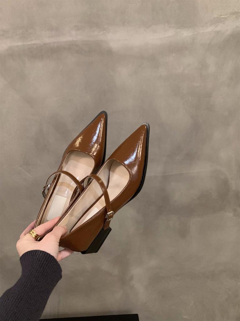 Chaussures simples à talon moyen-haut pointues noires, tempérament français, chaussures pour femmes, printemps, automne, hiver, Mary Jane, chaussures de soirée