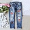 Jeans Dritti a Vita Media da Donna Vestibilità Larga Strappati Stampa Bandiera Americana Girasole Pantaloni in Denim Casual Estivi