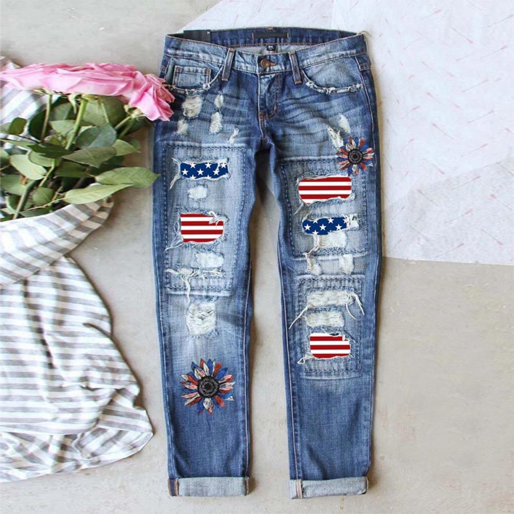 Women s Mid Rise Straight Leg Jeans Loose Fit Ripped American Flag Sunflower Print Summer Casual Denim Trousers S