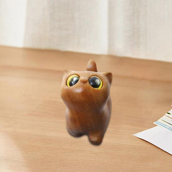 Mini Cat Figurine Hand-carved Wooden Cat Statue Collectible Polished Miniature