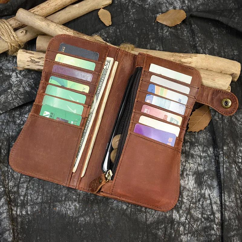 Men's Genuine Leather Wallet Chain Snap Bifold Purse Crazy Horse Leather Card Case Phone Card Holder Clutch Dragon Wallet