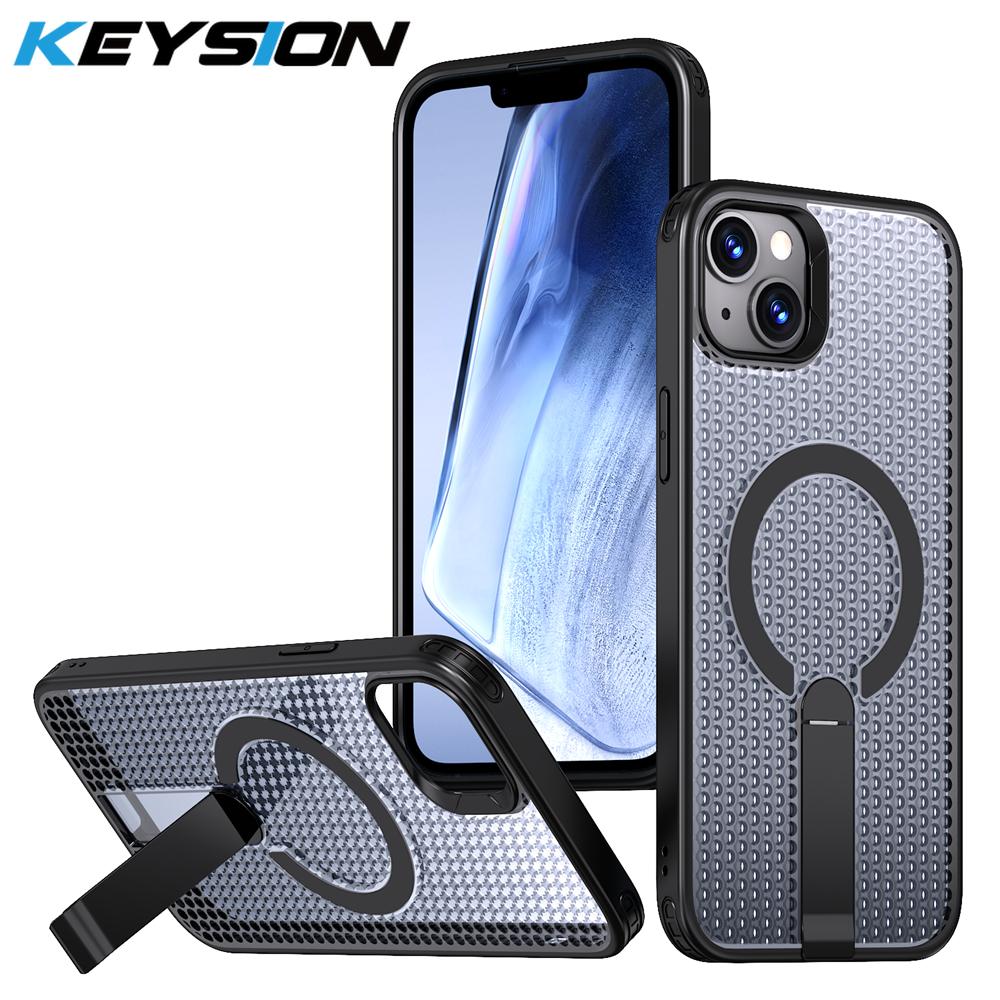 

KEYSION Hollow Heat Dissipation Magnetic Case for MagSafe for iPhone 13 14 15 Pro Max 15 Plus Hide Stand Shockproof Cooling Phone Cover for iPhone 15 чёрный