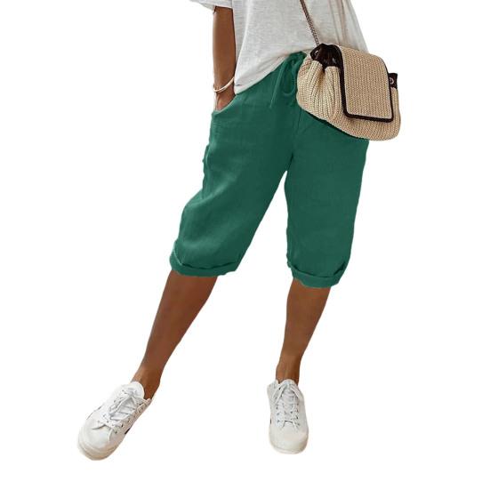 Women Pants Loose Drawstring Elastic Waist Casual Solid Color Pocket Design Knee Length Pants for Daily Wear Sport Beach