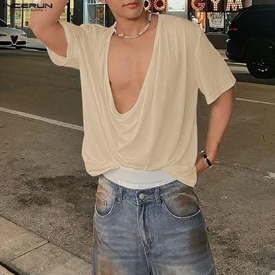 T-shirt Casual Estive da Uomo Oversize con Collo a Sottoveste a Maniche Corte, Tinta Unita, Ample