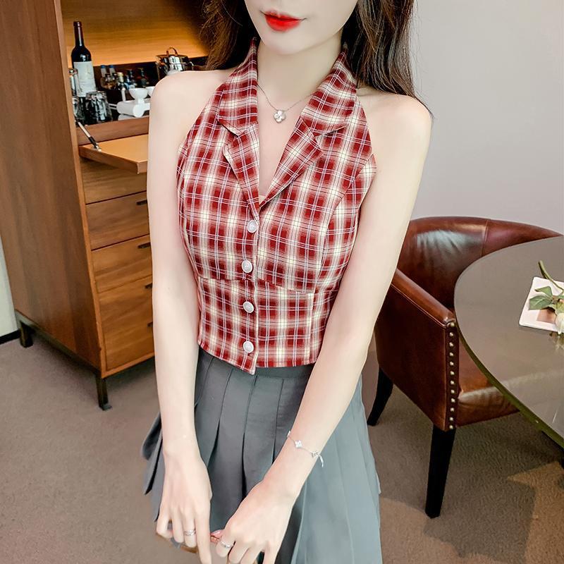 Damen Retro Karo Ärmellose Weste mit Anzugkragen & Taillierungsdesign